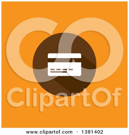 Clipart of a Flat Design Credit Card on a Brown Circle over Orange - Royalty Free Vector Illustration by ColorMagic