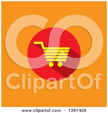 Clipart of a Flat Design Yellow and Red Shopping Cart Icon on Orange - Royalty Free Vector Illustration by ColorMagic