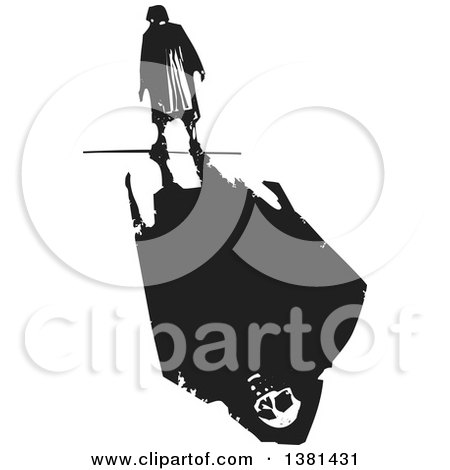 Clipart of a Black and White Woodcut Lone Senior Woman Walking with a Skull and Shadow - Royalty Free Vector Illustration by xunantunich