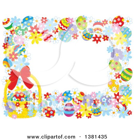 Clipart of a Horizontal Border Frame of Easter Eggs, Flowers and a Basket - Royalty Free Vector Illustration by Alex Bannykh