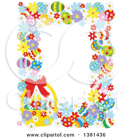 Clipart of a Vertical Border Frame of Easter Eggs, Flowers and a Basket - Royalty Free Vector Illustration by Alex Bannykh