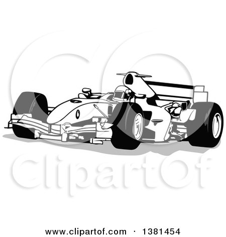 Clipart of a Grayscale Forumula One Race Car and Driver - Royalty Free Vector Illustration by dero