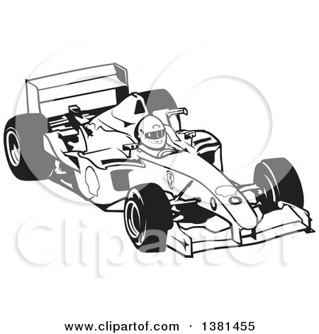 Clipart of a Black and White Forumula One Race Car and Driver - Royalty Free Vector Illustration by dero