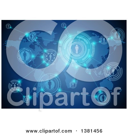 Clipart of a Network of People Socializing Through a Global Connection over a Map on Blue - Royalty Free Vector Illustration by dero