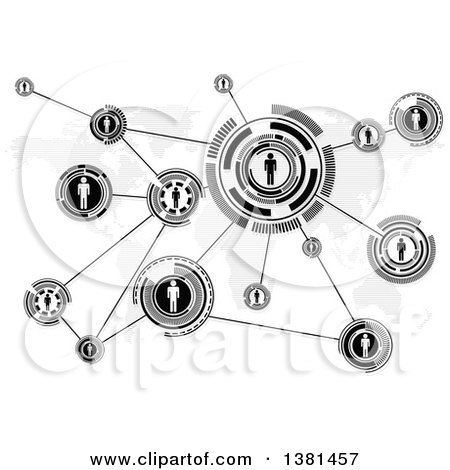 Clipart of a Black and White Network of People Socializing Through a Global Connection over a Gray Map - Royalty Free Vector Illustration by dero