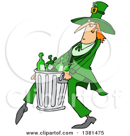 Clipart of a Cartoon St Patricks Day Leprechaun Carrying a Garbage Can Full of Liquor Bottles - Royalty Free Vector Illustration by djart