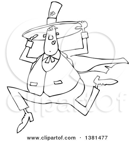 Clipart of a Cartoon Black and White Lineart Chubby St Patricks Day Leprechaun Holding His Hat and Running - Royalty Free Vector Illustration by djart