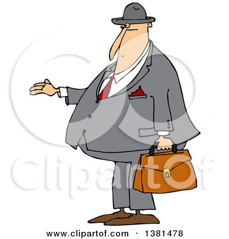 Clipart of a Cartoon Chubby White Debt Collector or Businessman Holding His Hand out for Payment - Royalty Free Vector Illustration by djart