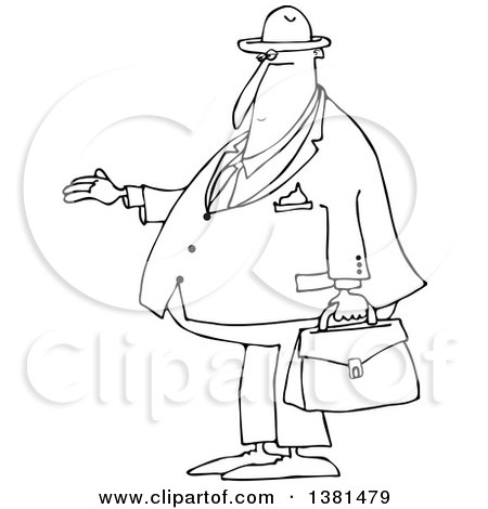Clipart of a Cartoon Black and White Lineart Chubby Debt Collector or Businessman Holding His Hand out for Payment - Royalty Free Vector Illustration by djart