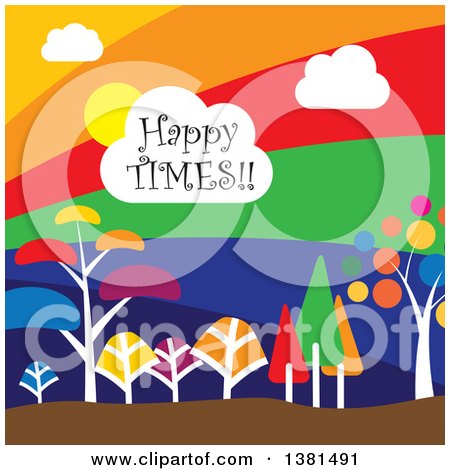 Clipart of a Happy Times Cloud over a Colorful Landscape with Trees - Royalty Free Vector Illustration by ColorMagic