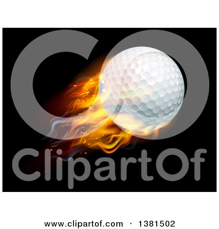 Clipart of a 3d Flying and Blazing Golf Ball with a Trail of Flames, on Black - Royalty Free Vector Illustration by AtStockIllustration