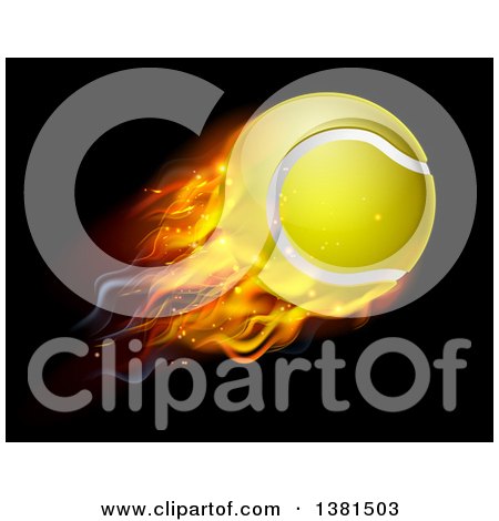 Clipart of a 3d Flying and Blazing Tennis Ball with a Trail of Flames, on Black - Royalty Free Vector Illustration by AtStockIllustration