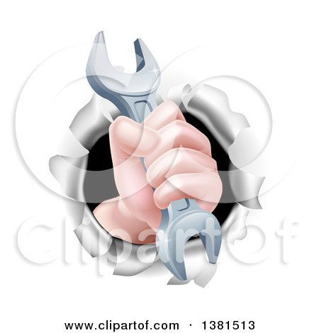 Clipart of a Cartoon Caucasian Hand Gripping a Wrench and Breaking Through a Wall - Royalty Free Vector Illustration by AtStockIllustration