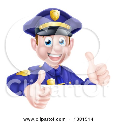 Clipart of a Cartoon Happy Caucasian Male Police Officer Giving Twp Thumbs up over a Sign - Royalty Free Vector Illustration by AtStockIllustration