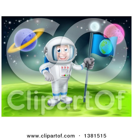 Clipart of a Happy Caucasian Male Astronaut Planting an Earth Flag on a Foreign Planet - Royalty Free Vector Illustration by AtStockIllustration