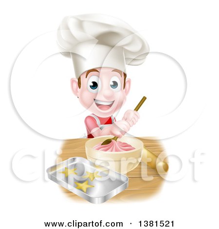 Clipart of a Happy Brunette Caucasian Boy Wearing a Chef Hat and Making Frosting and Baking Cookies - Royalty Free Vector Illustration by AtStockIllustration