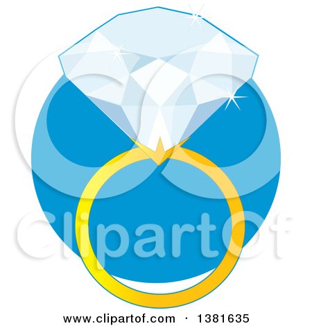 Clipart of a Diamond Ring with a Gold Band over a Blue Circle - Royalty Free Vector Illustration by Maria Bell