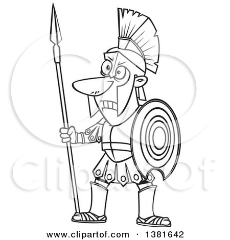 Clipart of a Cartoon Black and White Greek God of War, Ares, in Full Armor, Holding a Spear - Royalty Free Vector Illustration by toonaday