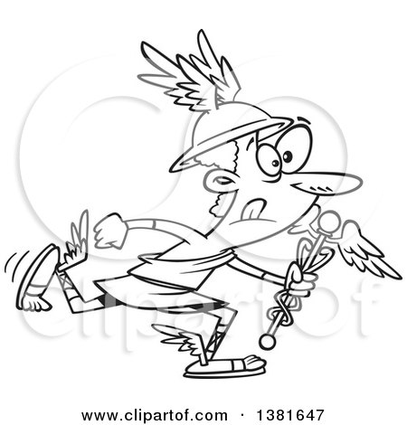 Clipart of a Cartoon Black and White Olympian God, Hermes, Wearing a Petasos and Running with a Porta - Royalty Free Vector Illustration by toonaday