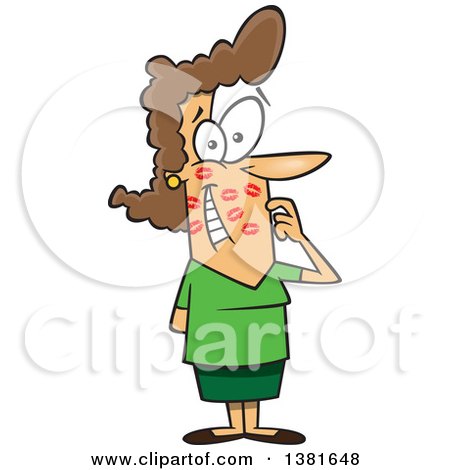 Clipart of a Cartoon Brunette White Woman Gushing After Getting Kissed All over Her Face - Royalty Free Vector Illustration by toonaday