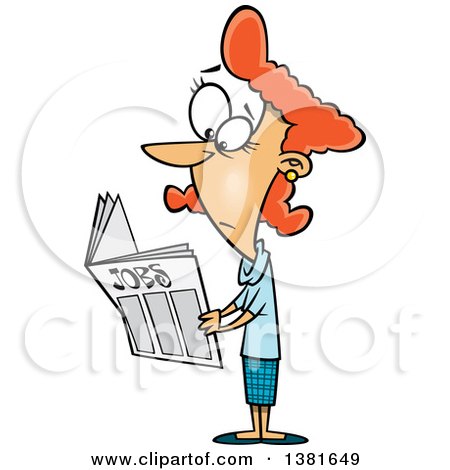 Clipart of a Cartoon Red Haired White Woman Looking for Jobs in the Classifieds - Royalty Free Vector Illustration by toonaday