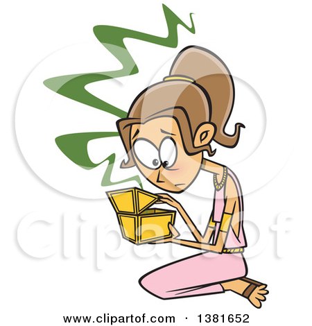 Clipart of a Cartoon Woman, Pandora, Kneeling and Opening a Box - Royalty Free Vector Illustration by toonaday