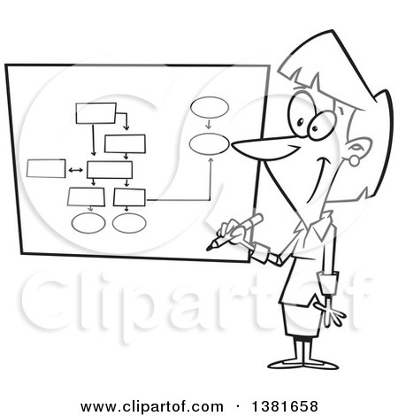 Clipart of a Cartoon Black and White Business Woman Drawing a Chart for Project Management - Royalty Free Vector Illustration by toonaday