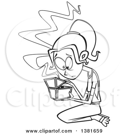 Clipart of a Cartoon Black and White Woman, Pandora, Kneeling and Opening a Box - Royalty Free Vector Illustration by toonaday