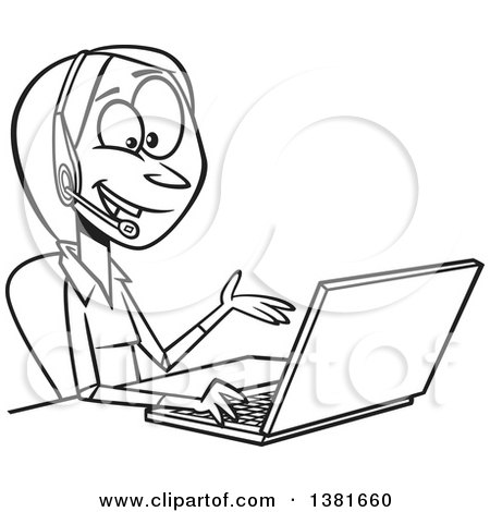 Clipart of a Cartoon Black and White Woman Working on a Laptop and Offering Tech or Customer Service Support - Royalty Free Vector Illustration by toonaday