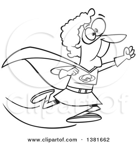 Clipart of a Cartoon Black and White Super Granny Running to the Rescue - Royalty Free Vector Illustration by toonaday