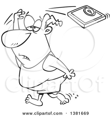 Clipart of a Cartoon Chubby Black and White Man Failing at His New Year Resolution, Throwing a Scale over His Head and Giving up - Royalty Free Vector Illustration by toonaday