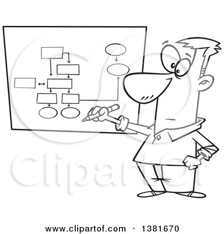 Clipart of a Cartoon Black and White Business Man Drawing a Chart for Project Management - Royalty Free Vector Illustration by toonaday