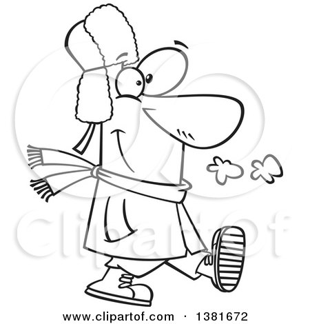 Clipart of a Cartoon Happy Black and White Man Taking a Winter Stroll - Royalty Free Vector Illustration by toonaday
