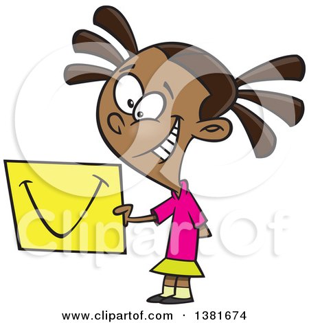 Clipart of a Cartoon Happy Black Girl Sharing a Smile on a Piece of Paper - Royalty Free Vector Illustration by toonaday