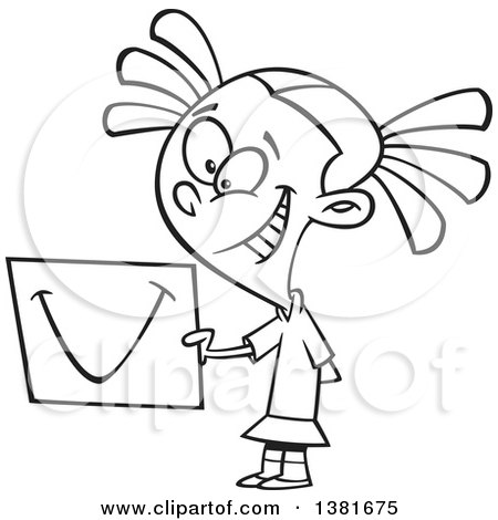 Clipart of a Cartoon Black and White Happy Girl Sharing a Smile on a Piece of Paper - Royalty Free Vector Illustration by toonaday