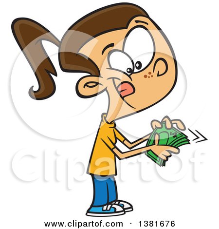 Clipart of a Cartoon Happy Brunette White Girl Counting Her Cash Money - Royalty Free Vector Illustration by toonaday