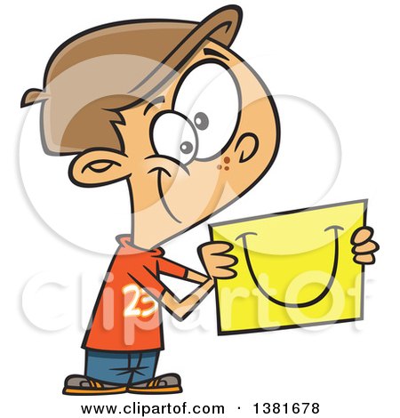 Clipart of a Cartoon Happy White Boy Sharing a Smile on a Piece of Paper - Royalty Free Vector Illustration by toonaday