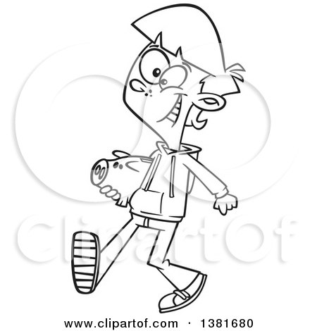 Clipart of a Cartoon Black and White Happy Teenage Boy Walking with a Piggy Bank - Royalty Free Vector Illustration by toonaday
