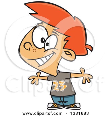 Clipart of a Cartoon Happy Red Haired White Boy Welcoming with Open Arms - Royalty Free Vector Illustration by toonaday