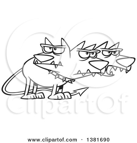 Clipart of a Cartoon Black and White Three Headed Dog, Cerberus, the Hound of Hades, from Greek Mythology - Royalty Free Vector Illustration by toonaday