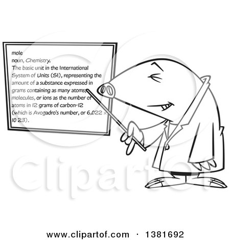 Clipart of a Cartoon Black and White Chemist Mole Pointing to a White Board - Royalty Free Vector Illustration by toonaday