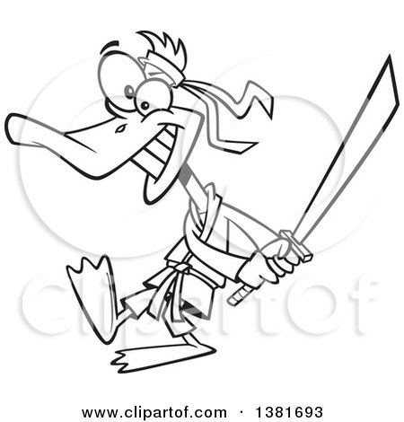 Clipart of a Cartoon Black and White Ninja Duck Swinging a Katana Sword - Royalty Free Vector Illustration by toonaday