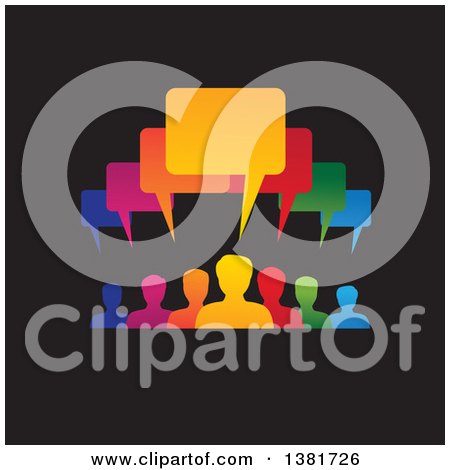 Clipart of a Colorful Group of People with Speech Balloons over Black - Royalty Free Vector Illustration by ColorMagic
