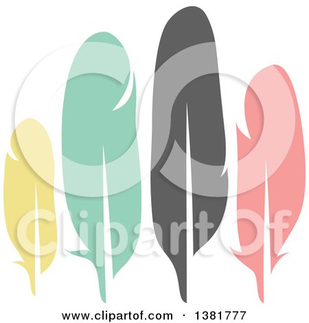 Clipart of Flat Design Yellow, Green, Gray and Pink Feather Plumes - Royalty Free Vector Illustration by elena