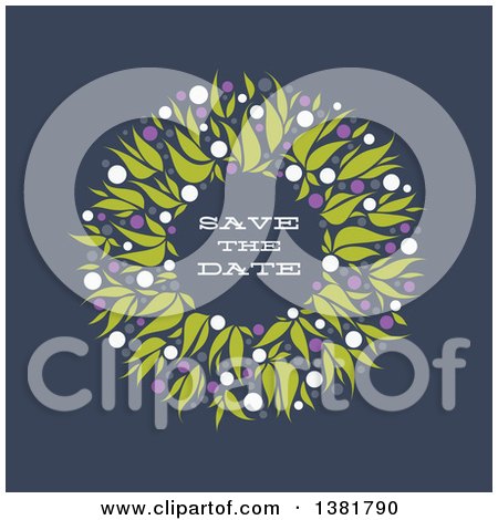 Clipart of a Flat Design Allium Floral Save the Date Wedding Wreath on Blue - Royalty Free Vector Illustration by elena