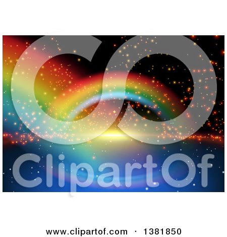 Clipart of a Background of Rainbows and Flares on Black - Royalty Free Vector Illustration by dero