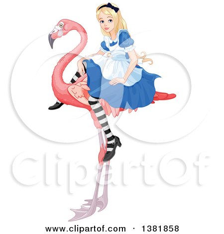 Clipart of Alice in Wonderland Riding a Flamingo - Royalty Free Vector Illustration by Pushkin