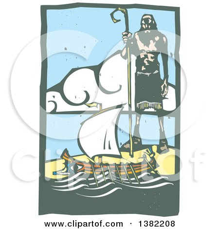 Clipart of a Woodcut Cyclopes Polyphemus Towering over a Grecian Galley Ship, from Homers Odyssey, Greek Mythology - Royalty Free Vector Illustration by xunantunich
