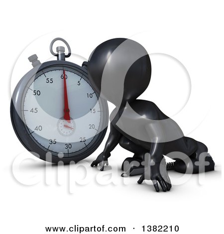 Clipart of a 3d Black Man Runner on Starting Blocks by a Giant Stop Watch, on a White Background - Royalty Free Illustration by KJ Pargeter