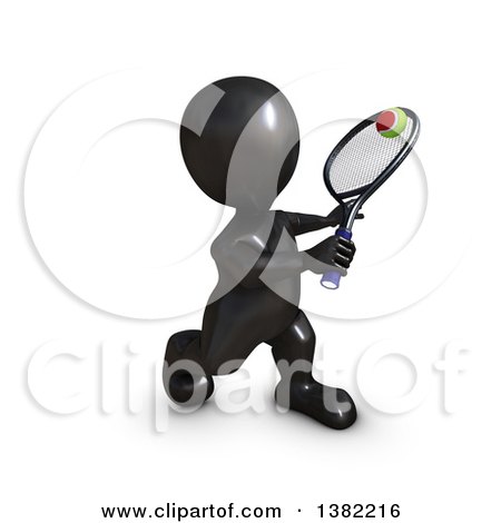 Clipart of a 3d Black Man Playing Tennis, on a White Background - Royalty Free Illustration by KJ Pargeter